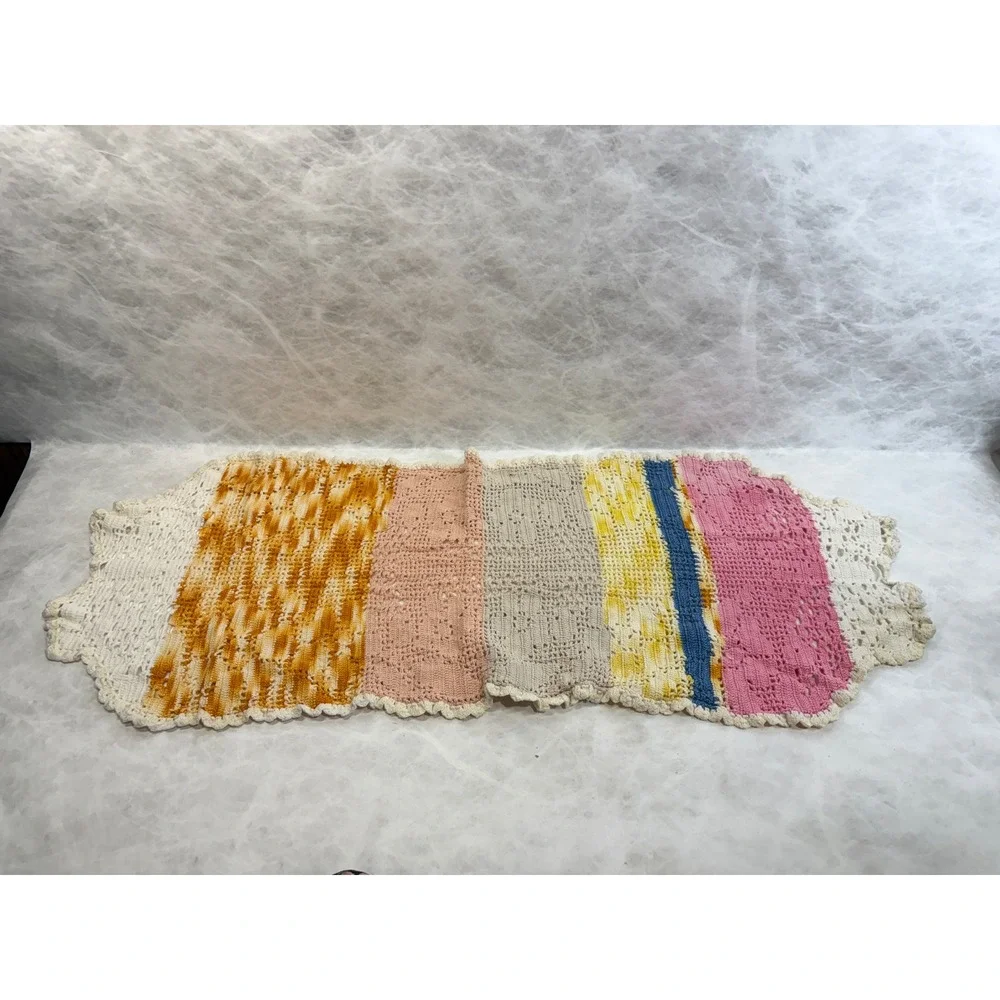 Vintage Handmade Crochet Table Runner Multi‎ Color Striped Scalloped Edge 33x13